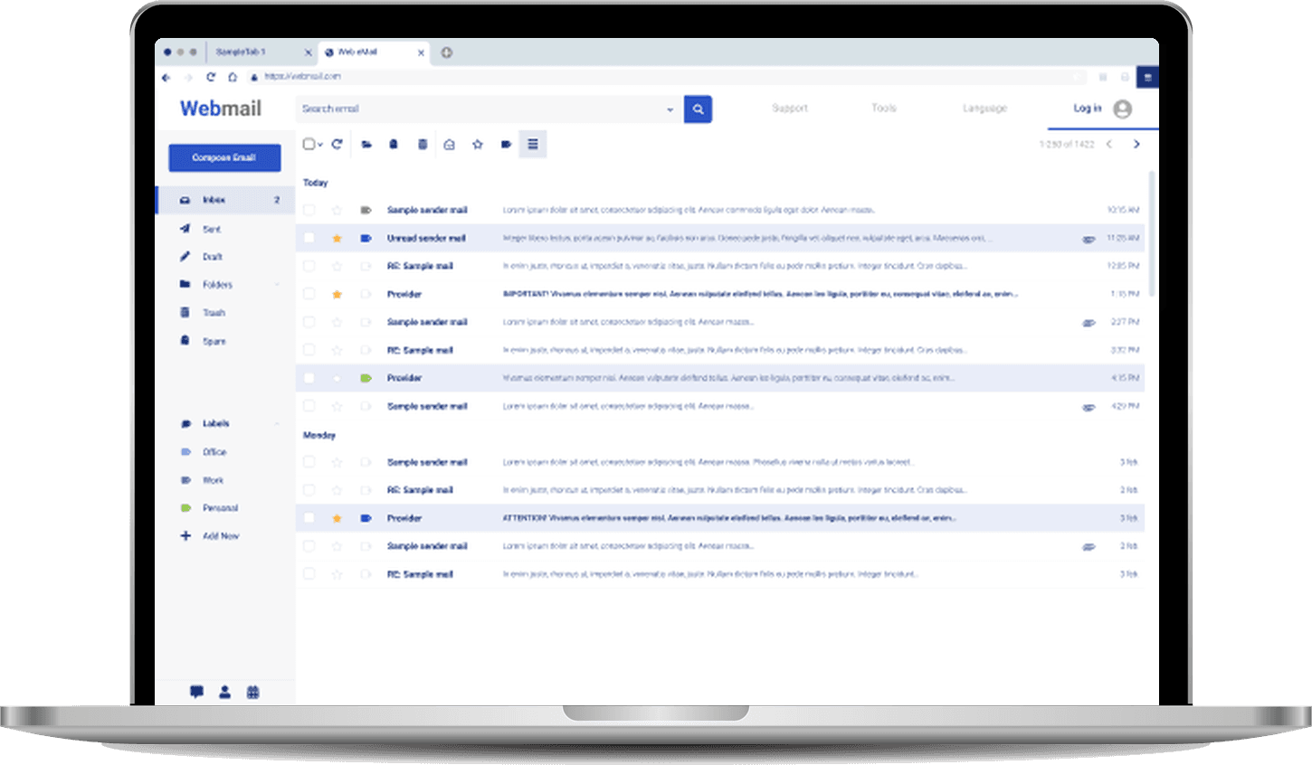 Webmail inbox on a laptop where simulated phishing messages from “Provider” sit among ordinary mail, some flagged IMPORTANT or ATTENTION